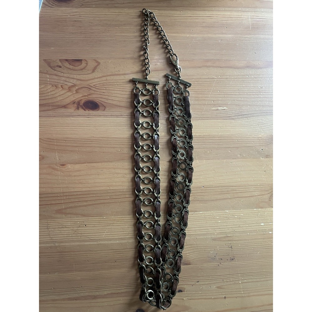 Vintage Brass & Brown Leather Chain Belt Adjustable Boho Hippie Festival 38"